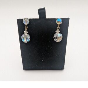 Dangle Crystal Earrings Aurora Borealis Faceted Glass Drop Silver Tone